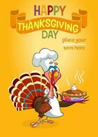 Thanksgiving turkey chief cook serving pumpkin pie. Vector cartoon