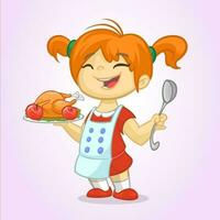 Cartoon cute little blond girl in apron and chef's hat serving roasted thanksgiving turkey vector