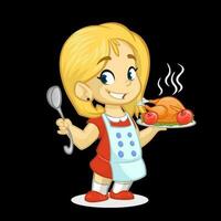 Cartoon cute little blond girl in apron and chef's hat serving roasted thanksgiving turkey vector