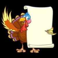 Illustration of a cartoon turkey character holding parchment scroll menu for thanksgiving holidays. Vector turkey with blank paper for message