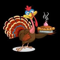 Cartoon turkey character with a pie. Thanksgiving clipart vector