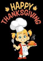 Cartoon cute little blond girl in apron serving roasted thanksgiving turkey. Vector poster illustration. Thanksgiving design