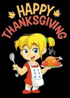 Cartoon cute little blond girl in apron serving roasted thanksgiving turkey. Vector poster illustration. Thanksgiving design