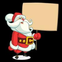 Christmas cartoon illustration of funny Santa Claus character holding a sign wooden board. Vector isolated