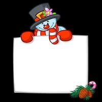 Cartoon snowman with scarf and woolen cap holding blank scroll for text invitation. Christmas or New year vector illustration