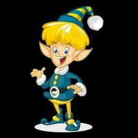 Cartoon Christmas boy elf cartoon. Cute Happy Dwarf Santa Helper Presenting vector