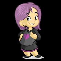 Cute little girl with violet hair dressed in black standing and smiling. Vector cartoon kid character