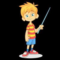 Cartoon little boy in shorts and striped t-shirt. Vector illustration of a funny make presentation with pointer