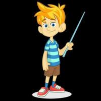 dibujos animados pequeño chico en pantalones cortos y a rayas camiseta. vector ilustración de un gracioso hacer presentación con puntero