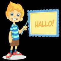 vector ilustración de rubio chico en pantalones cortos y a rayas camiseta. dibujos animados de un joven chico vestido arriba presentación en un tablero con puntero
