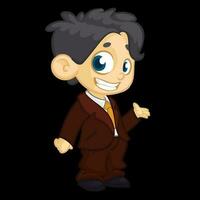 Vector illustration of small boy in man's clothes. Cartoon of a young boy