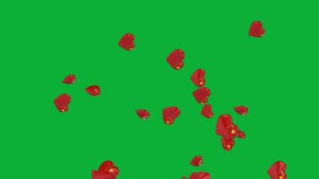 Animation of flag hearts in green screen. Country flag on 3d hearts. China flag on 3d heart. video