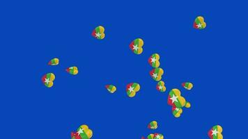 Animation of flag hearts in blue screen. Country flag on 3d hearts. Myanmar flag on 3d hearts with blue background video