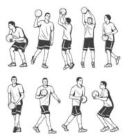 baloncesto jugador en diferente poses con pelota vector