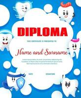 Cartoon tooth characters, dental care kids diploma vector