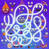 Kid labyrinth maze with halloween monsters faces vector