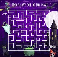 Halloween night labyrinth maze kids game, puzzle vector