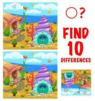 Find ten differences kids game with seashell house vector