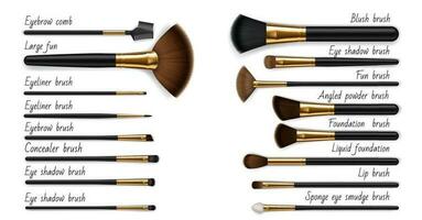 Makeup cosmetic luxury brushes, realistic mockups vector