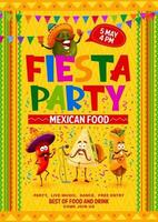 Mexican fiesta party flyer, cartoon characters vector