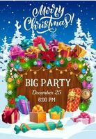 Christmas party flyer with Xmas tree, gifts, snow vector
