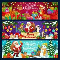 Santa, snowman, elf with gifts. Christmas banners vector