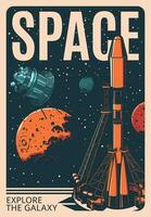 Spaceship launch retro poster, rocket and shuttle vector