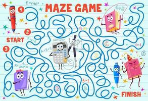 Kids maze with book, stationery cartoon character vector