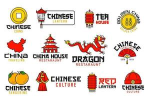 Chinese food festival, holiday and religion icons vector