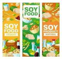 Soybean and soy vegan products, vector banners