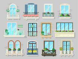 House balcony with various railings and flowers vector
