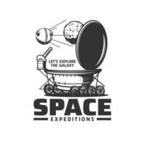 Space expedition icon, Moon planet and lunar rover vector