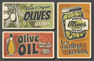 Olives retro posters, oil bottle, marinated fruits vector