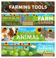 Farm gardening, farming agriculture tools, animals vector