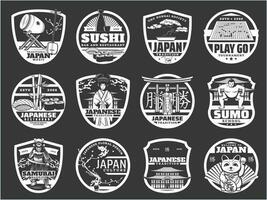 Japan religion, history and culture, sushi icons vector
