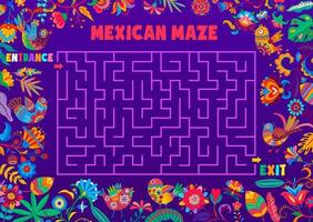 Labyrinth maze game, Mexican flowers and birds vector