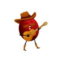 Cartoon passion fruit cowboy with guitar, mascot vector