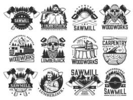 Lumberjack, sawmill lumbering service icons set vector