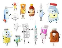 Pills bottles, drugs and vaccine cartoon character vector