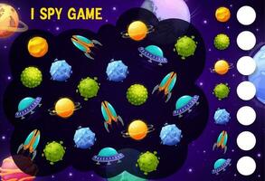 Kids I spy game with space ships and planets. vector