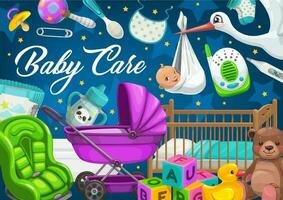 Baby care, children toys and flying stork vector
