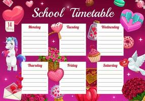 Saint Valentine day kids school timetable template vector