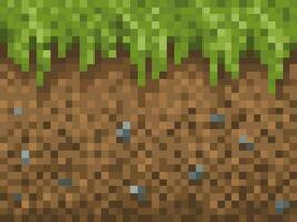 Pixel grass, ground and stone blocks pattern vector