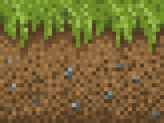 Pixel grass, ground and stone blocks pattern