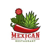 Mexican restaurant icon, red pepper, agave cactus vector