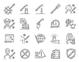 Virus vaccine and people vaccination line icons vector