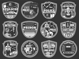 Law and order icons of police, detective, justice vector