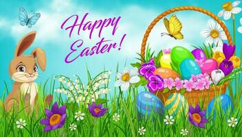 Easter egg hunt basket with bunny and flowers vector