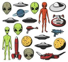 extraterrestres, OVNI y espacio lanzaderas vector retro íconos