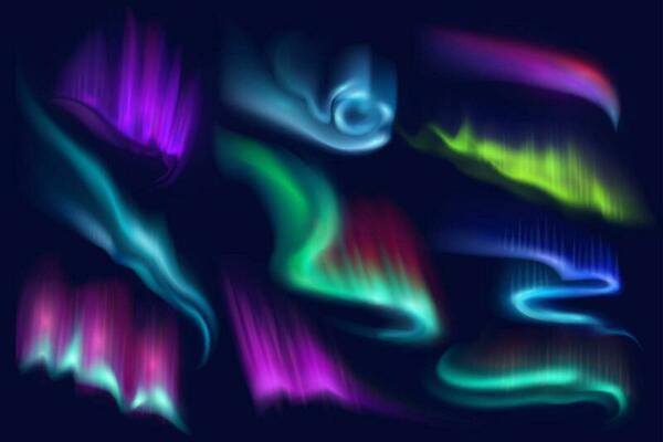 Northern polar aurora borealis lights, vector set
